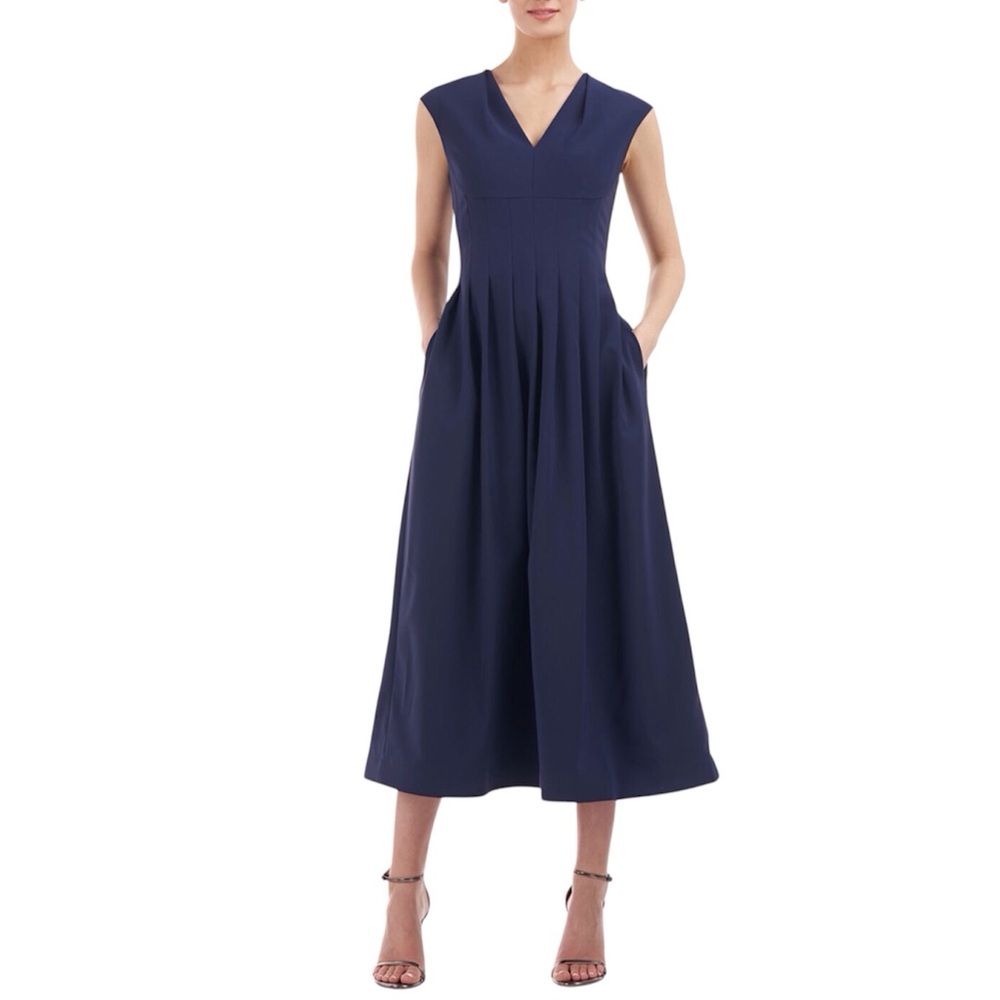 Kay Unger Blue Simone Tea Length Sleeveless Pleated Dress Size size 8